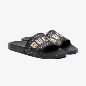 NEW GUCCI SEGA GUCCY BLACK GOLD SLIDES SIZE 9